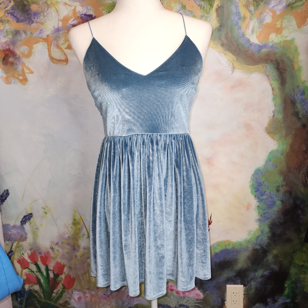 EUC Velvet Light Blue Vneck Mini Skater Dress